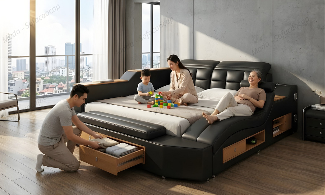 Giường ngủ massage cao cấp, đa năng GM 032 màu đen tại nhà vợ chồng anh Huy, chị Mai ở Thành Phố Hồ Chí Minh 