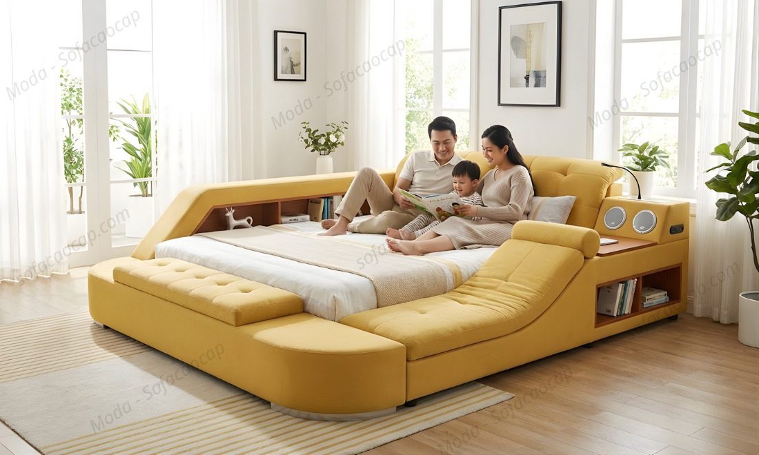 Giường ngủ massage cao cấp GMX 033 màu vàng tại nhà chị Lan, anh Hải ở Đà Nẵng 
