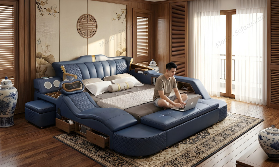 Giường ngủ tích hợp ghế massage mã GM 016 màu xanh đậm tại nhà anh Vỹ ở Thái Nguyên 