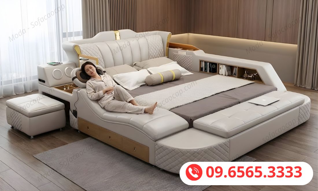 Giường ngủ có ghế mát xa GMX 016 màu trắng kem tại nhà chị Hồng ở Nam Định