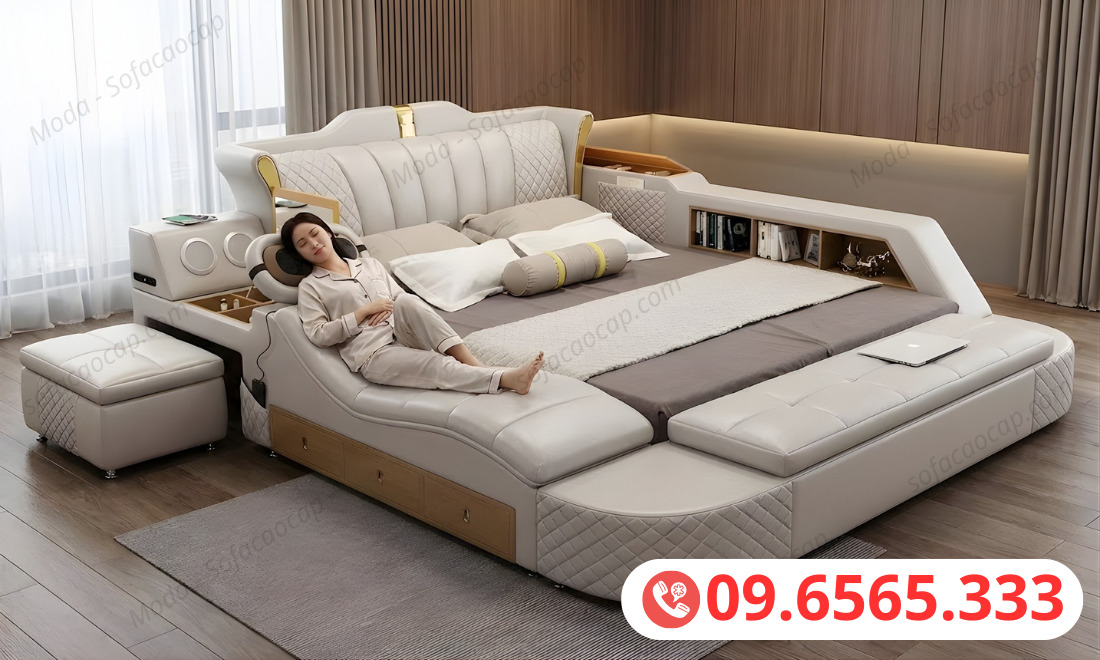 Giường ngủ có ghế mát xa GMX 016 màu trắng kem tại nhà chị Hồng ở Nam Định 