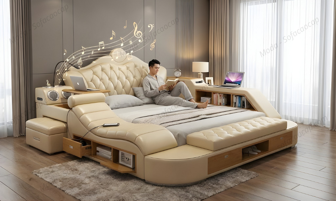 Giường ngủ massage tân cổ điển GMX019 màu vàng tại nhà anh Thông ở Hòa Bình 