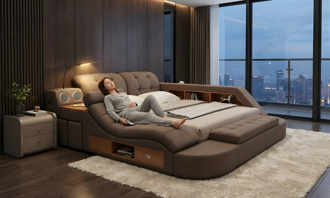 Hình ảnh giường ngủ có ghế massage GM029 tại nhà chị Hoài ở Quảng Ninh 