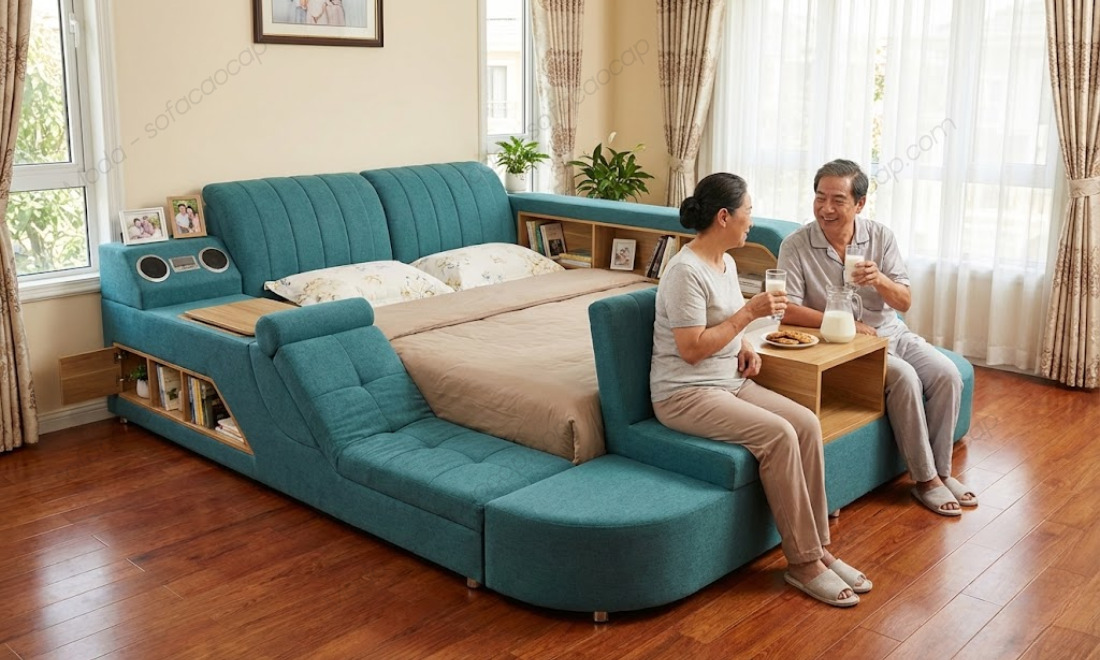 Giường thông minh đa năng màu xanh Teal tại nhà bác Ngọc 