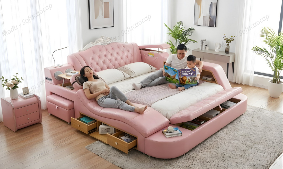 Giường ngủ tích hợp ghế massage GM 034 màu hồng pastel