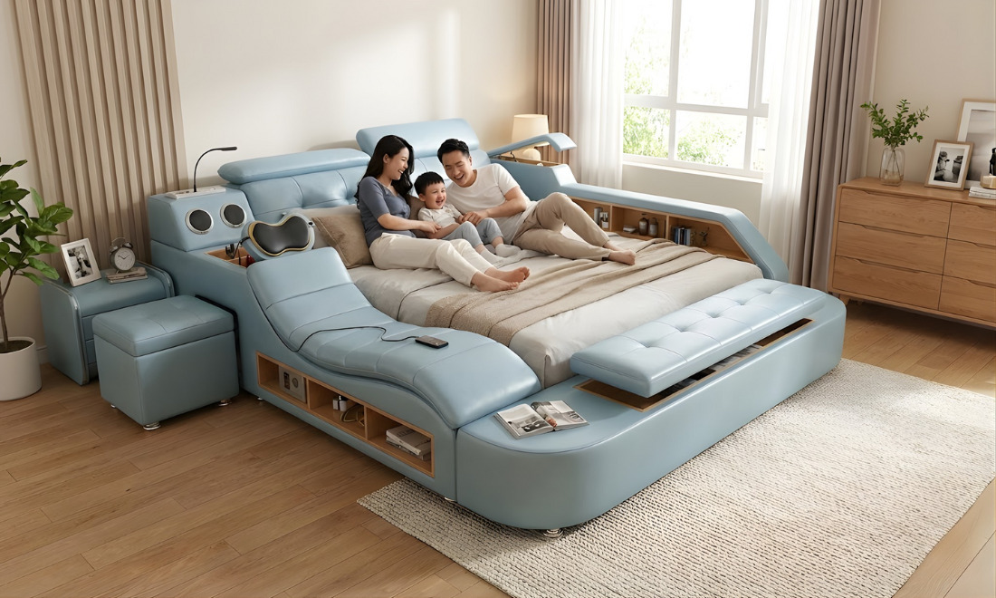 Hình ảnh giường ngủ massage cao cấp, đa năng GMX 031 màu xanh dương tại nhà chị Yến, anh Thịnh ở Bắc Ninh
