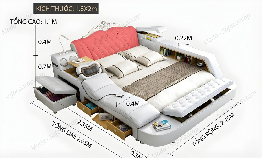 Kích thước của GM034 - Giường ngủ thông minh tích hợp ghế massage và nhiều tiện ích khác