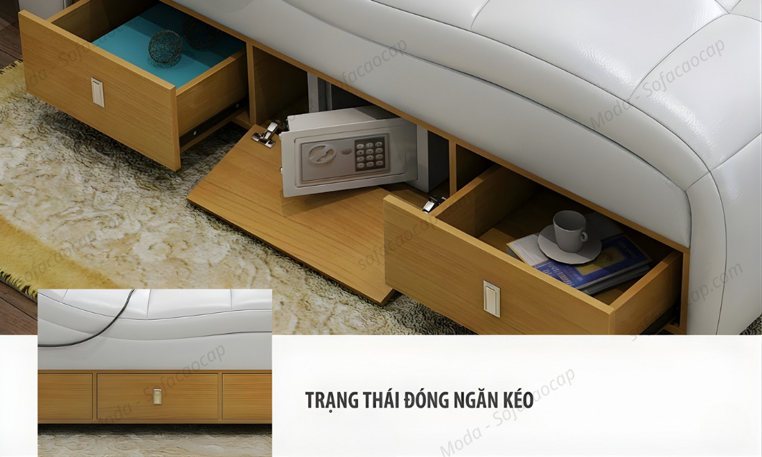 Giường ngủ tích hợp ghế massage và két sắt mini, ngăn kéo đựng đồ