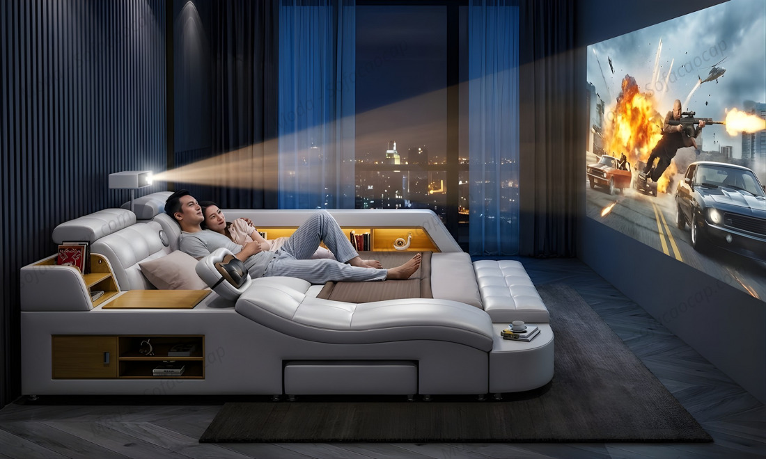Xem phim tại nhà cùng máy chiếu phim tích hợp giường ngủ 