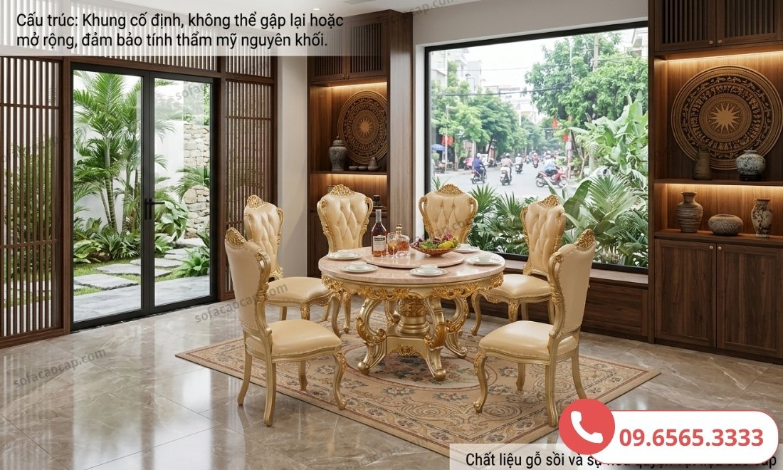 Các đường cong của chân bàn và tựa lưng ghế được chạm trổ hoa văn cầu kỳ, mạ vàng nổi bật