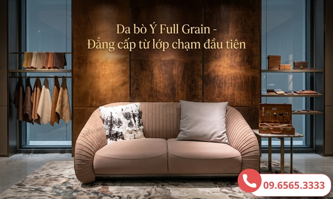 Ghế sofa da bò Ý SFY01 làm từ lớp da bò Full Grain thượng hạng