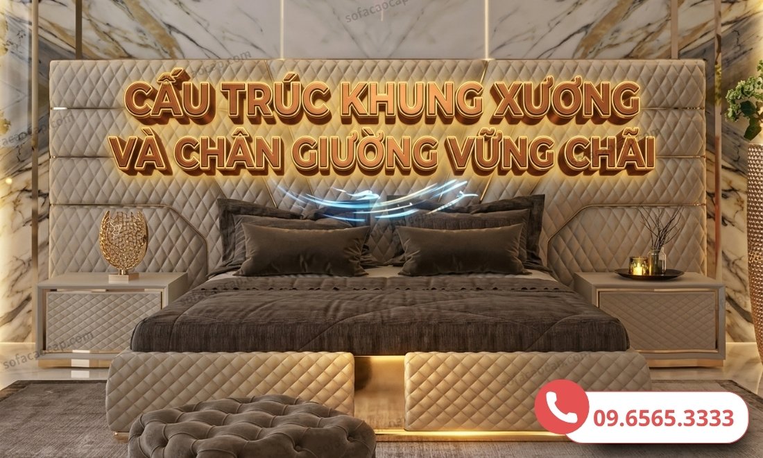 Hệ thống khung của mẫu giường bọc da phong cách châu Âu chế tác từ gỗ nguyên khối tự nhiên