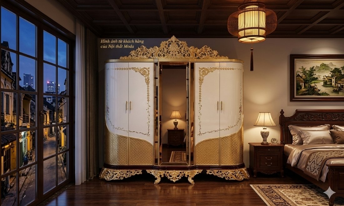 Ngoại hình sang trọng của tủ quần áo cổ điển dát vàng SFT09